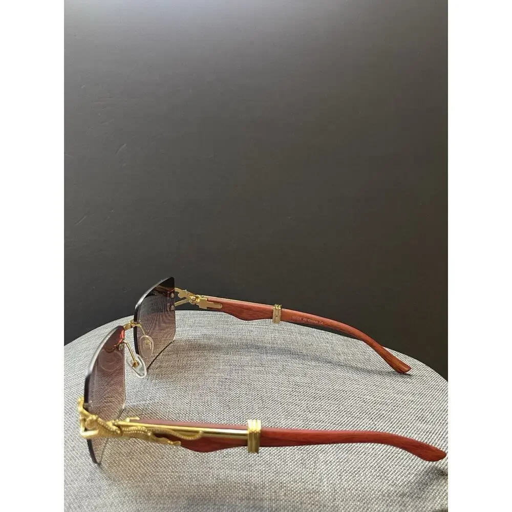 Sunglasses Unisex Square Wood Grain Style Frame Brown UV 400 Gold Tone Cheetah